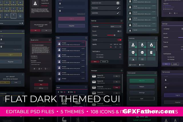 Flat Dark Themed GUI UI Kit over 600 PNG Unity Asset
