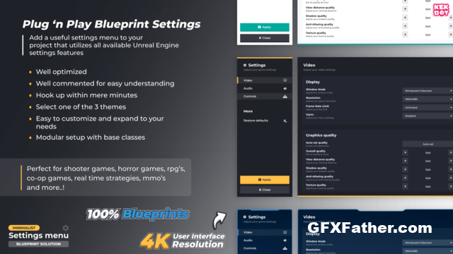 Unreal Engine Blueprint Settings Menu - Minimalist themes - By Kekdot