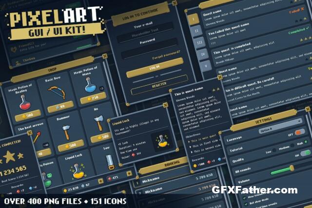 Unity Assets Pixel Art GUI UI Kit - over 400 PNG + 151 icons! 1.1